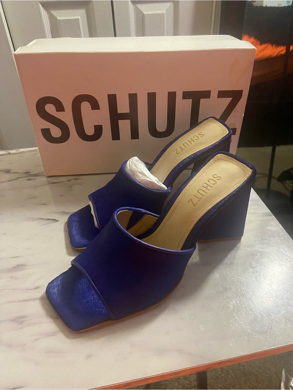 SCHUTZ Cobalt Blue Open-Toe Mule Heels - Picture 2 of 5